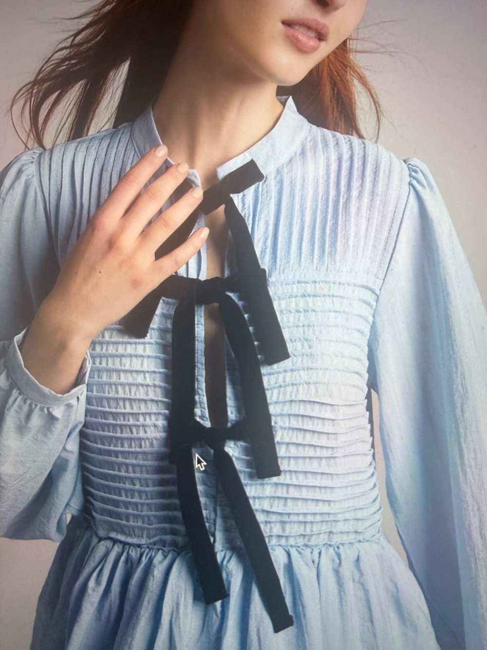 Ghospell Kylie NWT Light Blue Long Sleeve Dress MINI Velvet Bow Small coquette